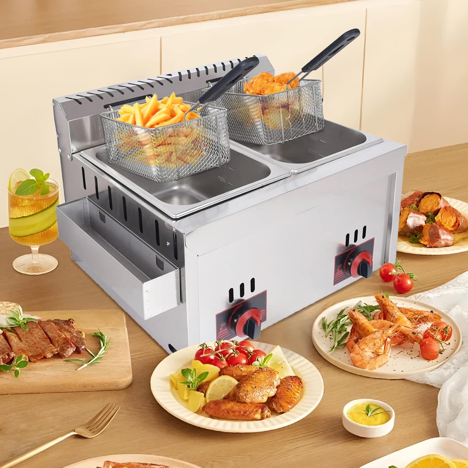Gas Fritteuse Gastro 20L Gewerbliche Doppel Gasfritteuse Edelstahl Profi Gasfritteuse Mit Pommeskorb Für Restaurant, Heimküche, Snackbar