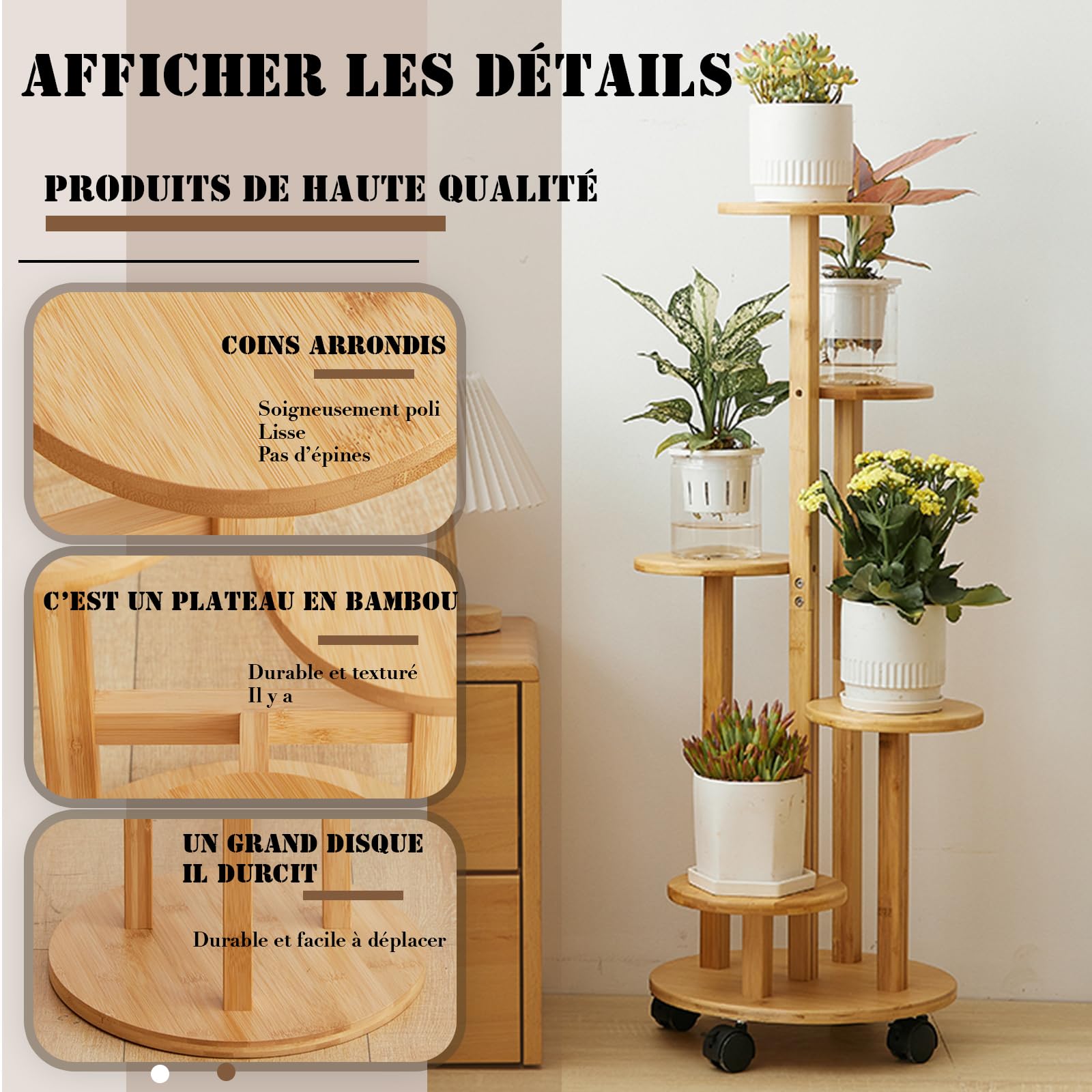 Support de plantes d'intérieur à roulettes, 5 niveaux en bambou pour plantes d'intérieur, Support pour plantes, Diamètre du châssis : 33 cm（Couleur bois）