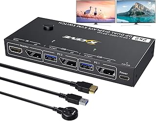 USB 3.0 DP KVM Switch 2 PC 2 Monitor, MST Splitter KVM Switch Dual Monitor 4K@120Hz Extended Display, DP and HDMI Monitor Output KVM Switches Share Keyboard Mouse