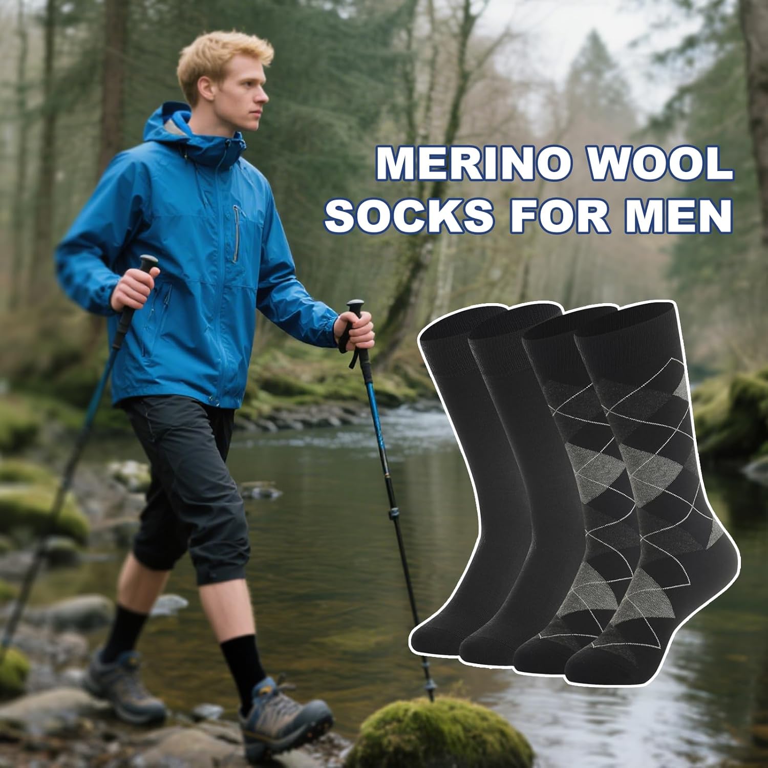 BISOUSOX Thin Merino Wool Boot Socks for Men, Warm Black Winter Dress Crew Calf Long Thermal Hiking Sock Mens Size 9-12