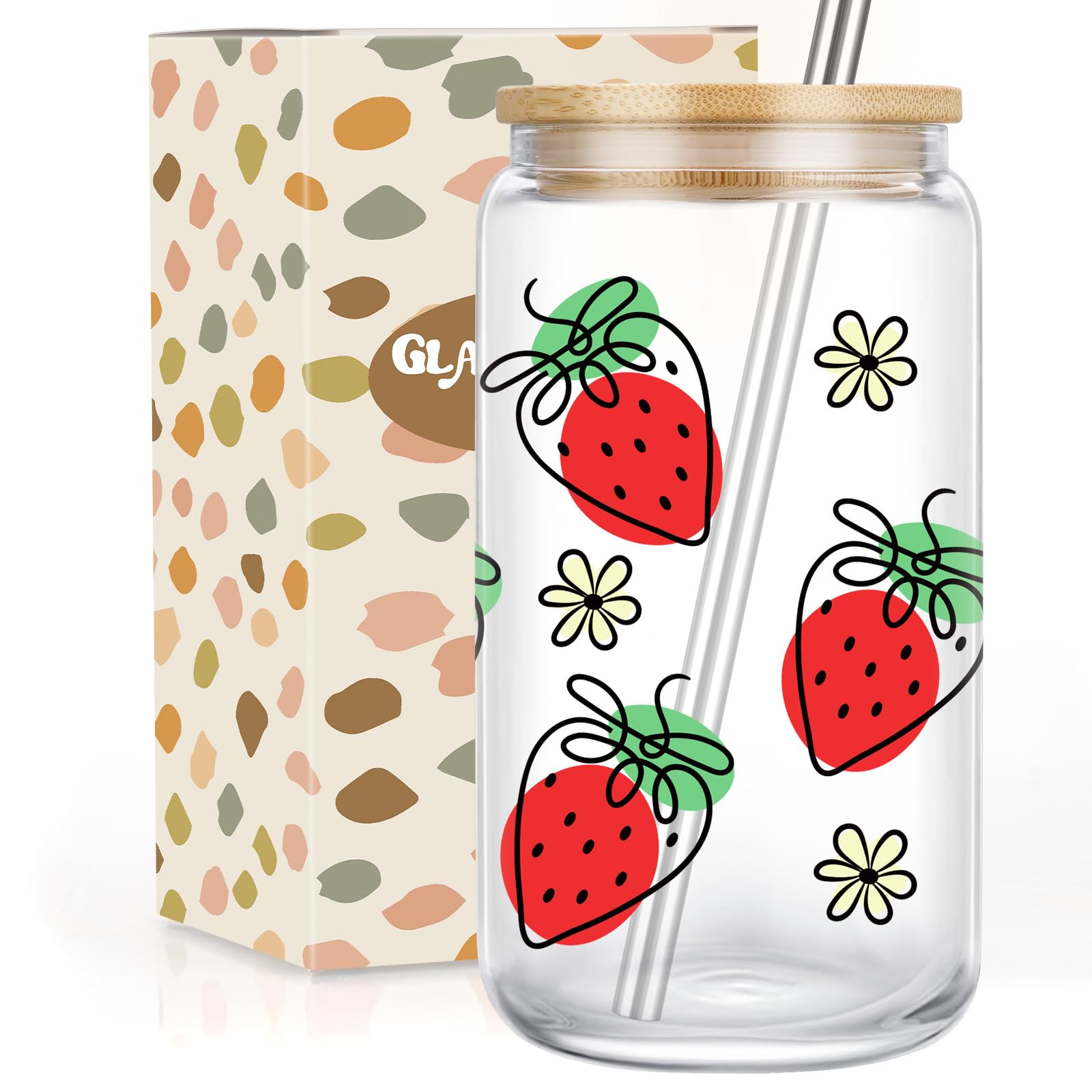 GSPY16 oz Strawberry Glass Cups with Lids and Straws - Glass Iced Coffee Cups, Strawberry Gifts, Strawberry Cup, Cute Coffee Mug, Glass Tumbler - Birthday, Christmas Gifts for Women, Friend