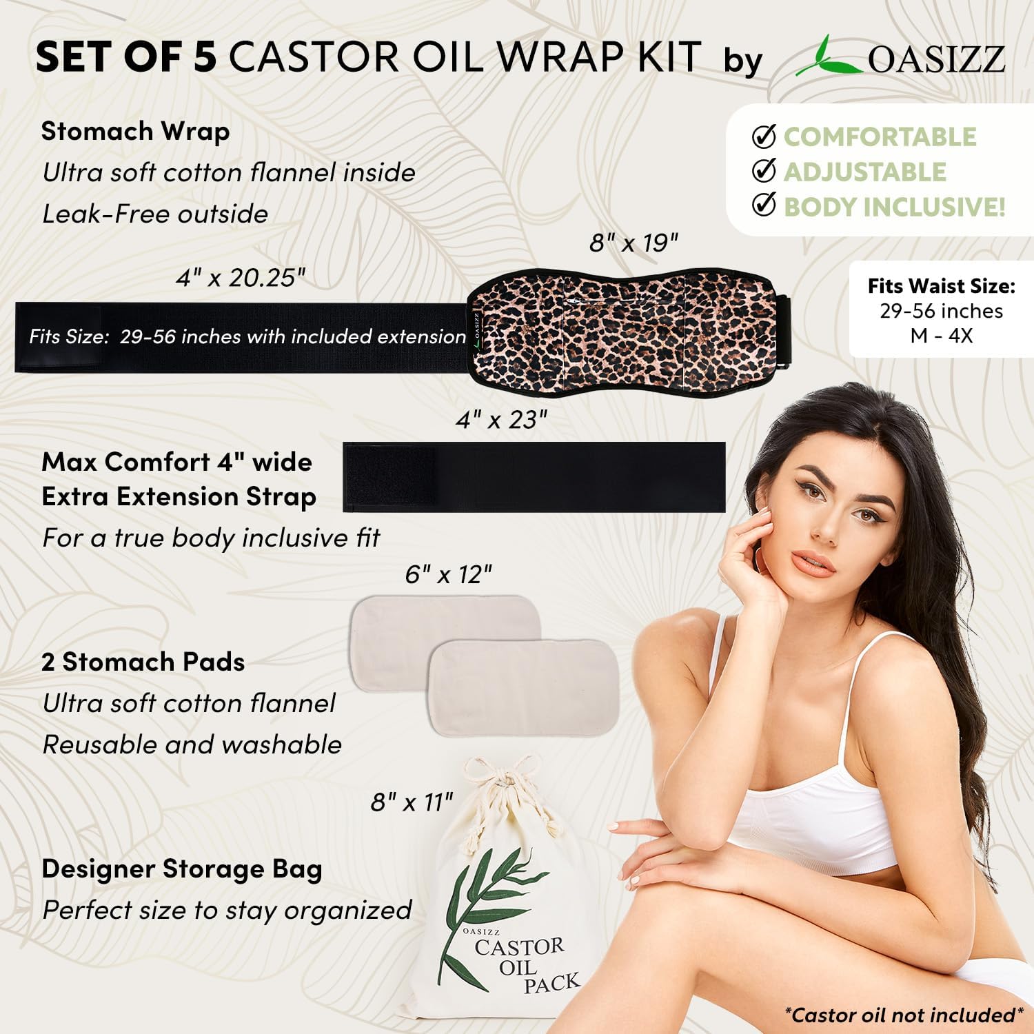 Premium Reusable Castor Oil Pack Wrap for Stomach (5-Piece, 29-56", Cheetah) Plush 100% Double Brushed Cotton Flannel Interior Layers, Dark Fabric Hides Stains, Leak-Resistant Adjustable Design