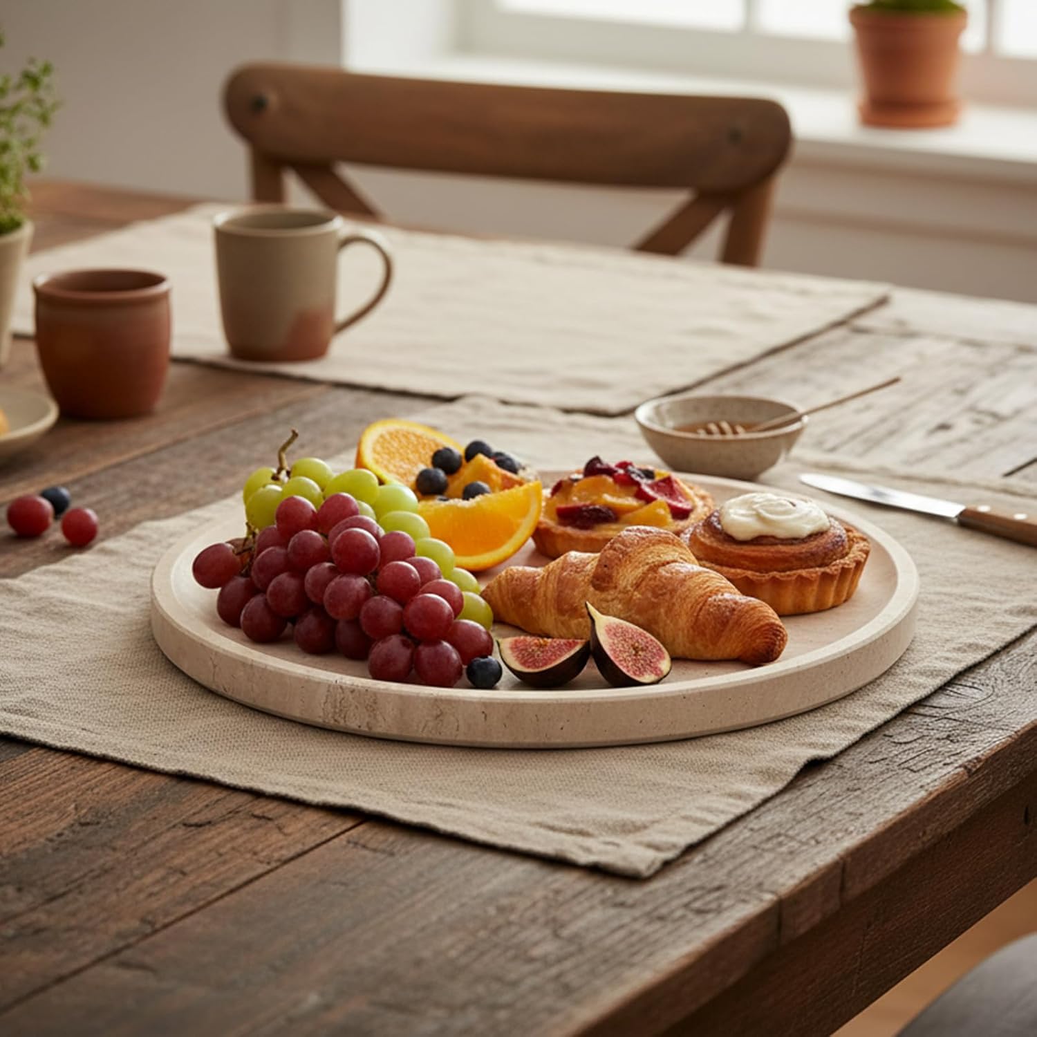 Koville Natural Travertine Tray for Home Decor, 10 Inch Round Serving Tray for Kitchen and Coffee Table, Decorative Marble Bathroom Trays for Counter, Luxury Vanity Tray, Light Beige Stone Tray