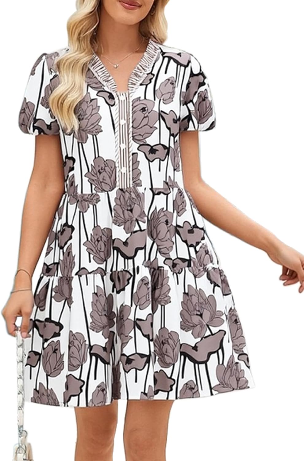 CCTOO Womens Casual Summer Dresses V Neck Button Floral Puff Short Sleeve Flowy Holiday Mini Dresss Brown Flower XL