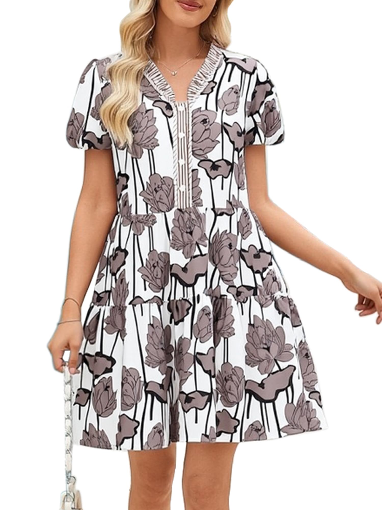 CCTOO Womens Casual Summer Dresses V Neck Button Floral Puff Short Sleeve Flowy Holiday Mini Dresss Brown Flower M