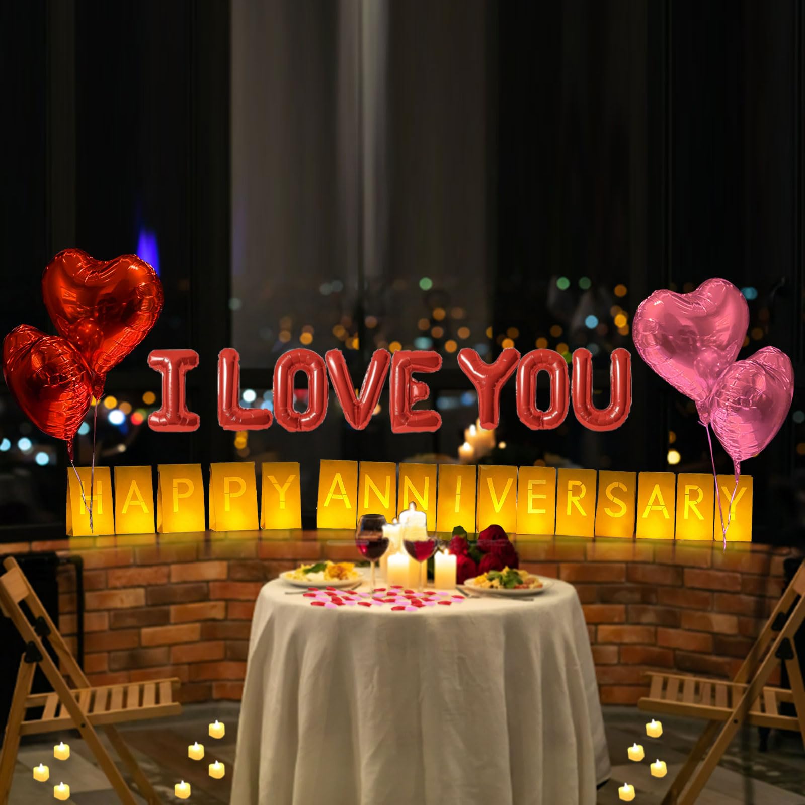 Happy Anniversary podświetlane litery znak 16 szt. oprawy papierowe torby 2000 szt. czerwone różowe płatki róży 48 szt. bezpłomieniowa świeca LED tealight 10 szt. balonów w kształcie serca romantyczna