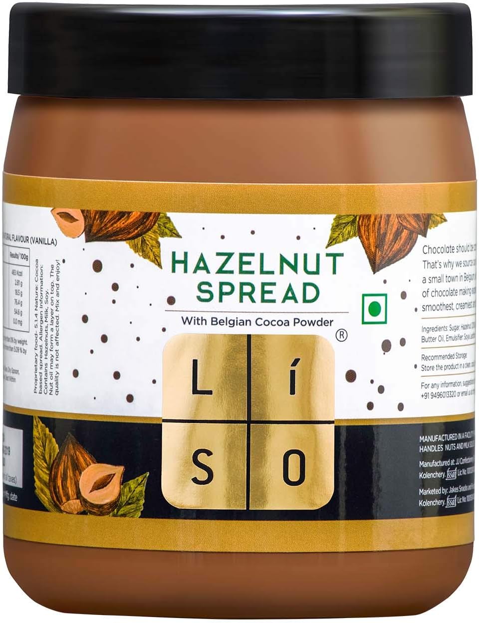 LISO Hazelnut Spread | Made with Goodness of Hazelnuts and Belgian Cocoa Powder | 100% Vegetarian with No Palm Oil, 400 g