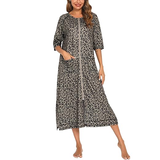 Rubehoow Duster Robes for Women Zip Up Housecoat with Pockets Casual Lounger Robe Plus Size （Grey,2XL