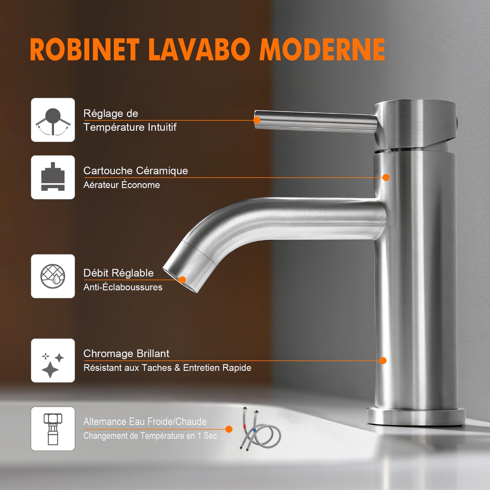 Ibergrif mitigeur lavabo monocommande gris en acier inoxydable | Levier unique, économie d'eau, cartouche en céramique, facile à installer