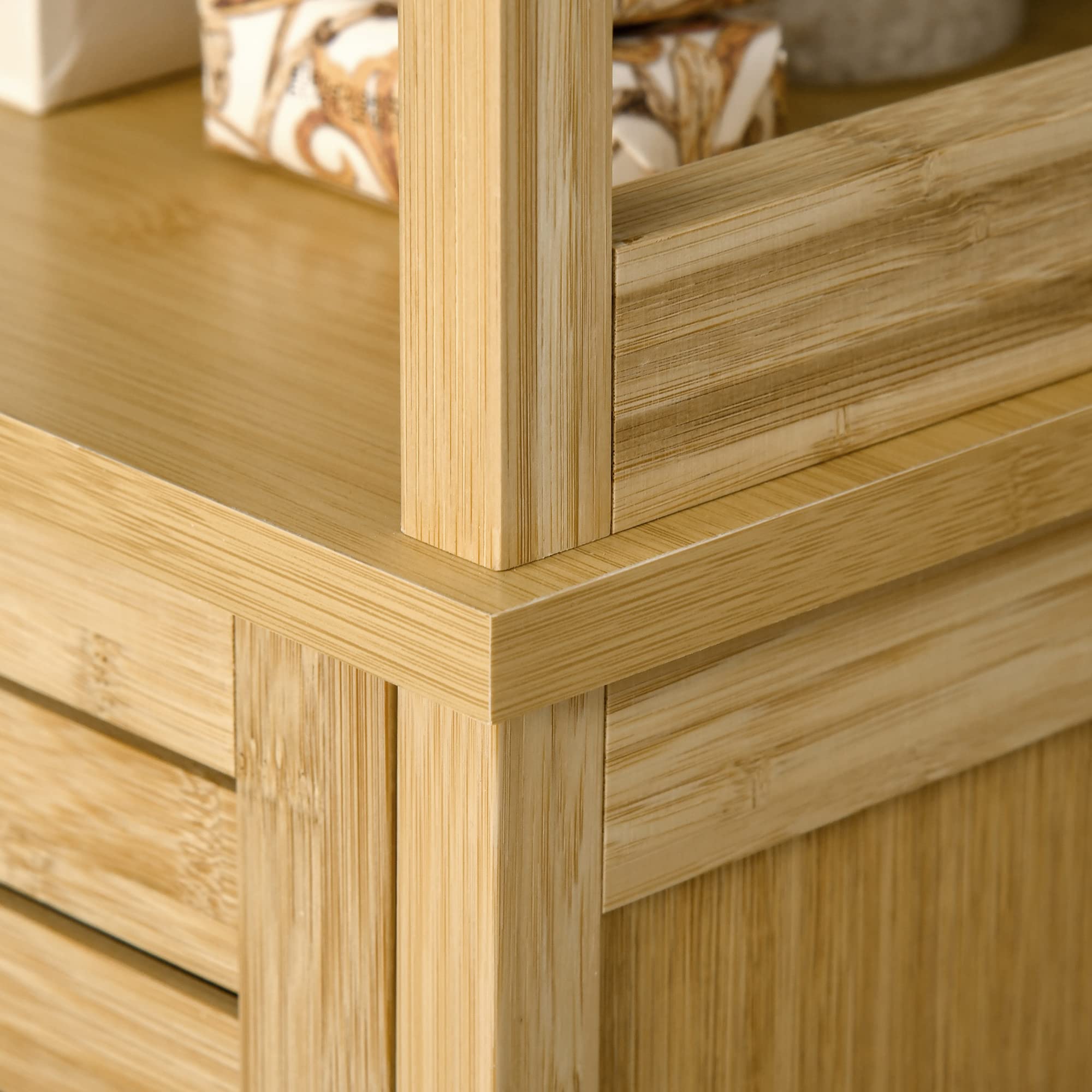 kleankin Mobile Bagno con 3 Ripiani e 1 Credenza, Colonna Bagno Salvaspazio Design a Doghe in Bambù, 34x30x173cm, Color Naturale