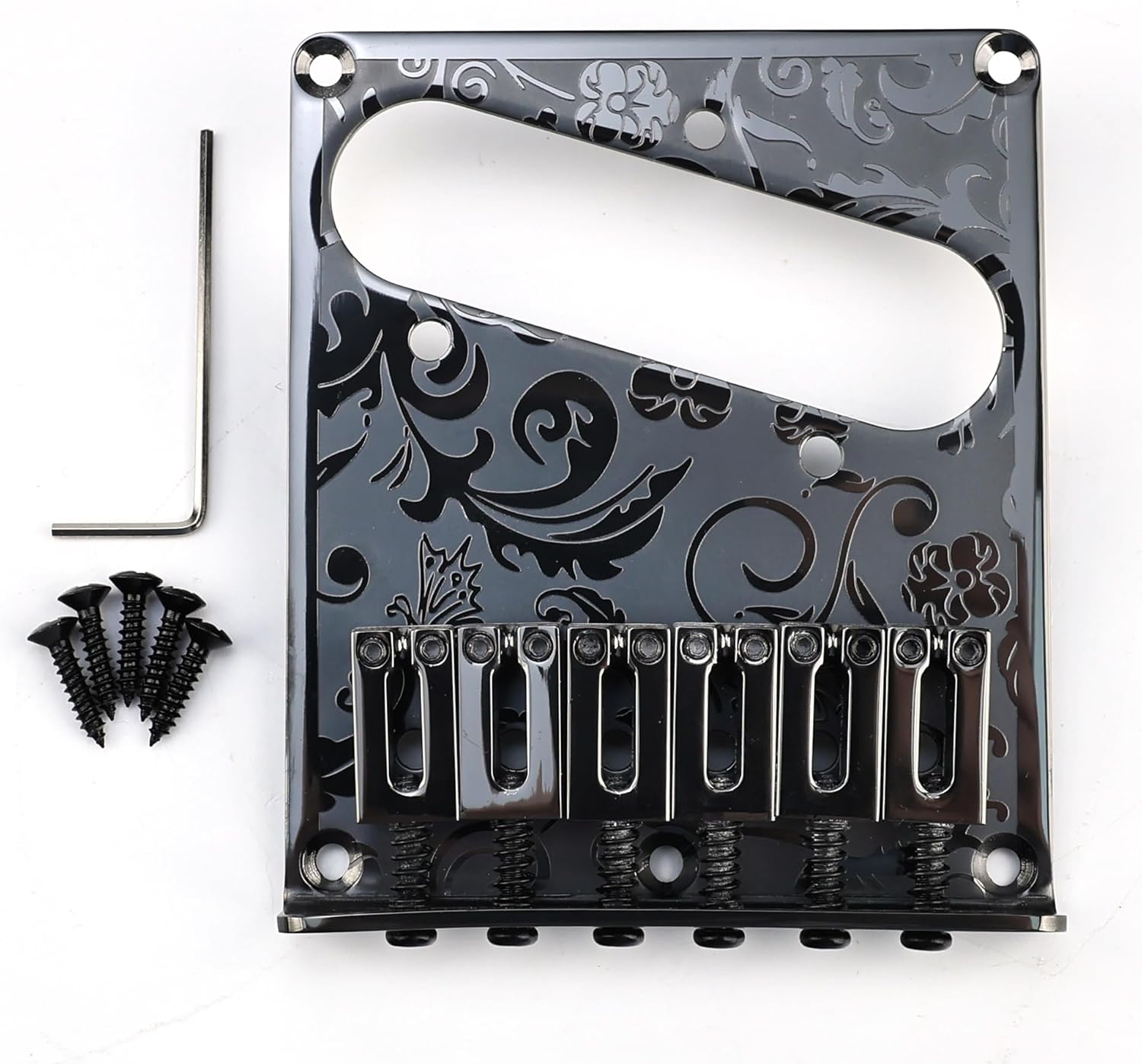 10.5mm Engraved Stainless Steel Fixed Electric Guitar Bridge Single Pickup Hole 6-string Guitar hardtail Bridge for Telecaster Tele TL Style Electric Guitar Replacement Parts (Black)
