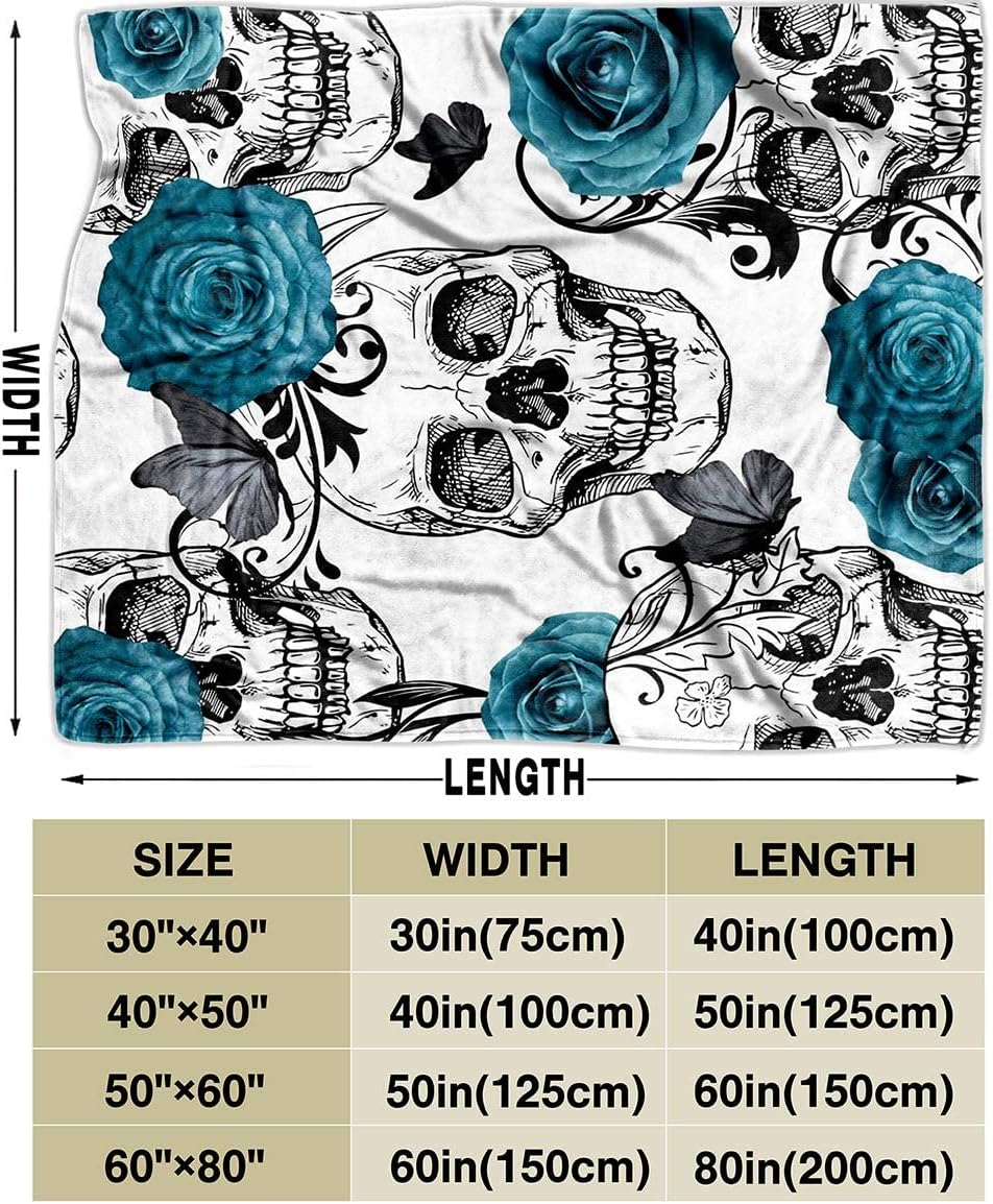 LUVIVIHOME Sugar Skull Throw Blanket - Teal Rose Floral Butterfly Skeleton Goth Blanket, Cozy Soft Lightweight Fluffy Fuzzy Warm Fleece for Couch, Sofa, 50"x60"