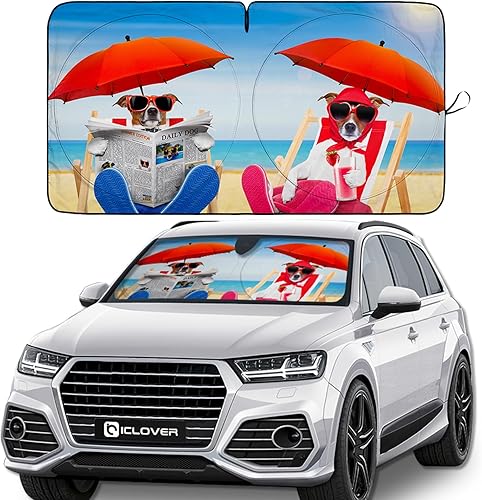 Vista 12 de IC ICLOVER Parasol para parabrisas de automóvil con diseño de mascotas, bonito diseño de dibujos animados, parasol solar plegable plateado para Big