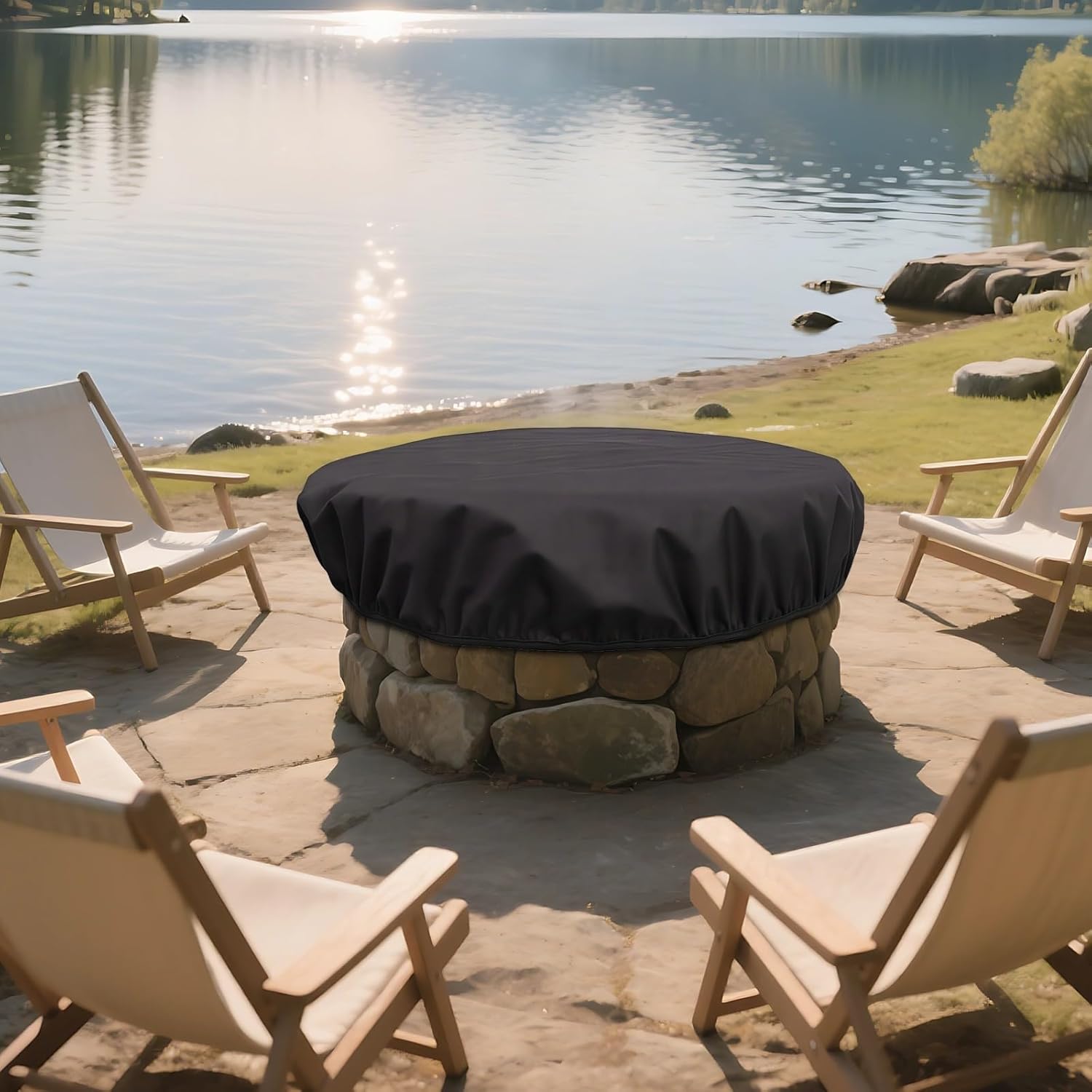 Oxford Fabric Round Fire Pit Cover, 48 Inch Pits, Waterproof Windproof, Snow and Mud Resistant, Black, 56 X 4 Inches, 600D