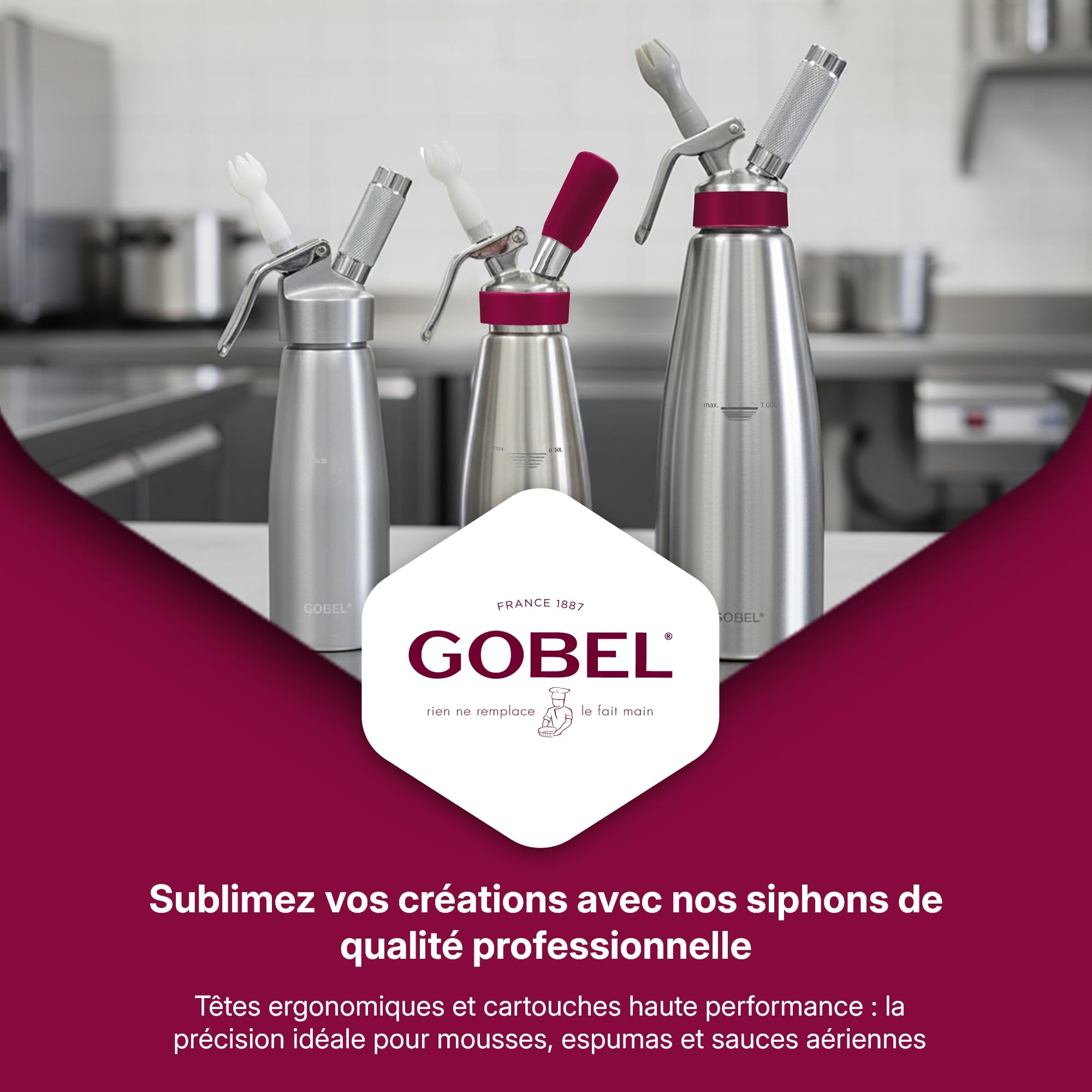 Gobel - Siphon chantilly professionnel cuve et tête inox 0,5L - NF D21-901 | Chantilly, sauces, espumas, chaud ou froid jusqu'à 70°C ; certifié NF D21-901 et TÜV ; 3 douilles et brosse incluses