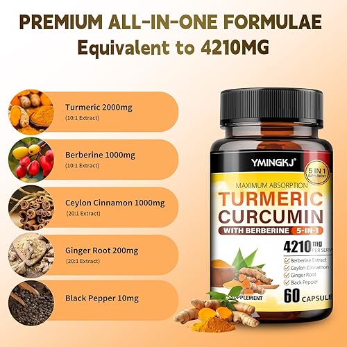Miniatura 2 de Suplemento de curcumina de cúrcuma con pimienta negra y botánicos bioactivos, cúrcuma, jengibre, berberina, canela de Ceilán, suplemento premium