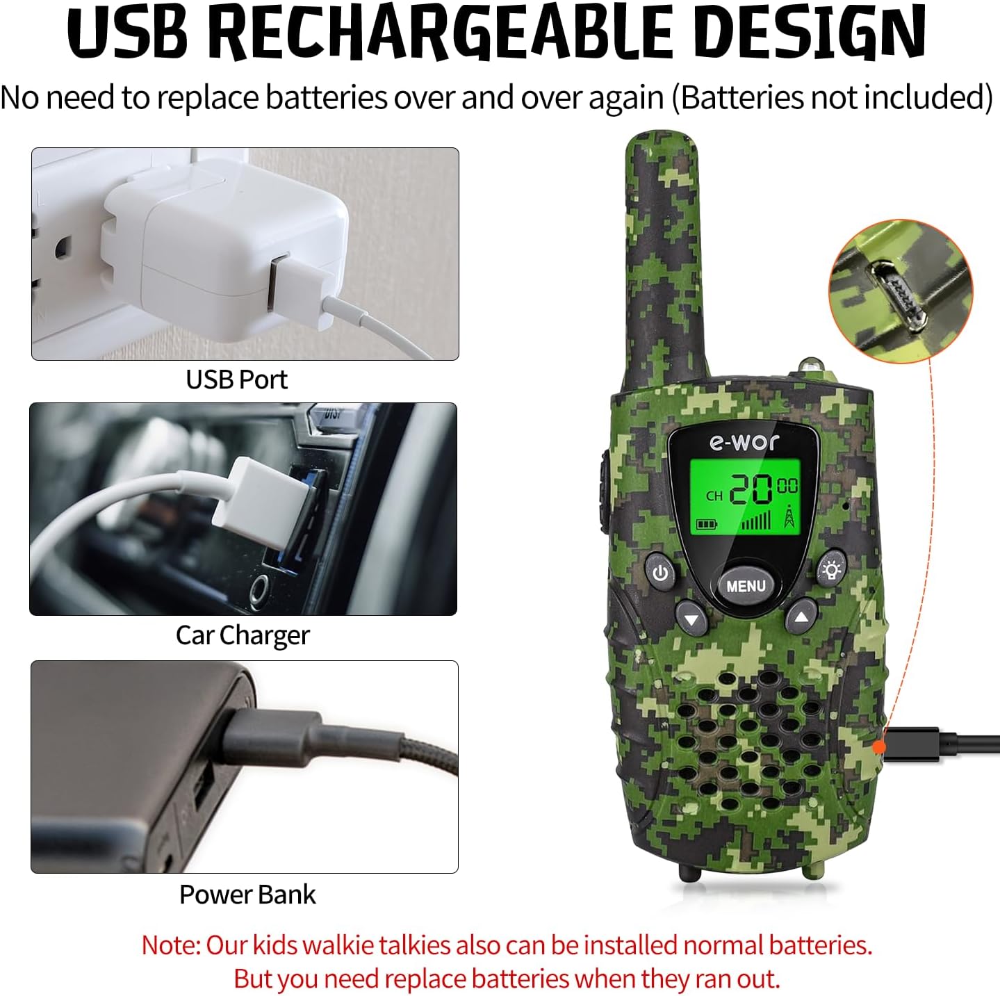 E-WOR Walkie Talkies for Kids, 2Pack 4 Miles Long Range Rechargeable Walkie Talkies 22 Channels with Flashlight Adventure Toys for 3 4 5 6 7 8 9 10 11 12 Year Old Boys Girls, Funny Gifts for Christmas