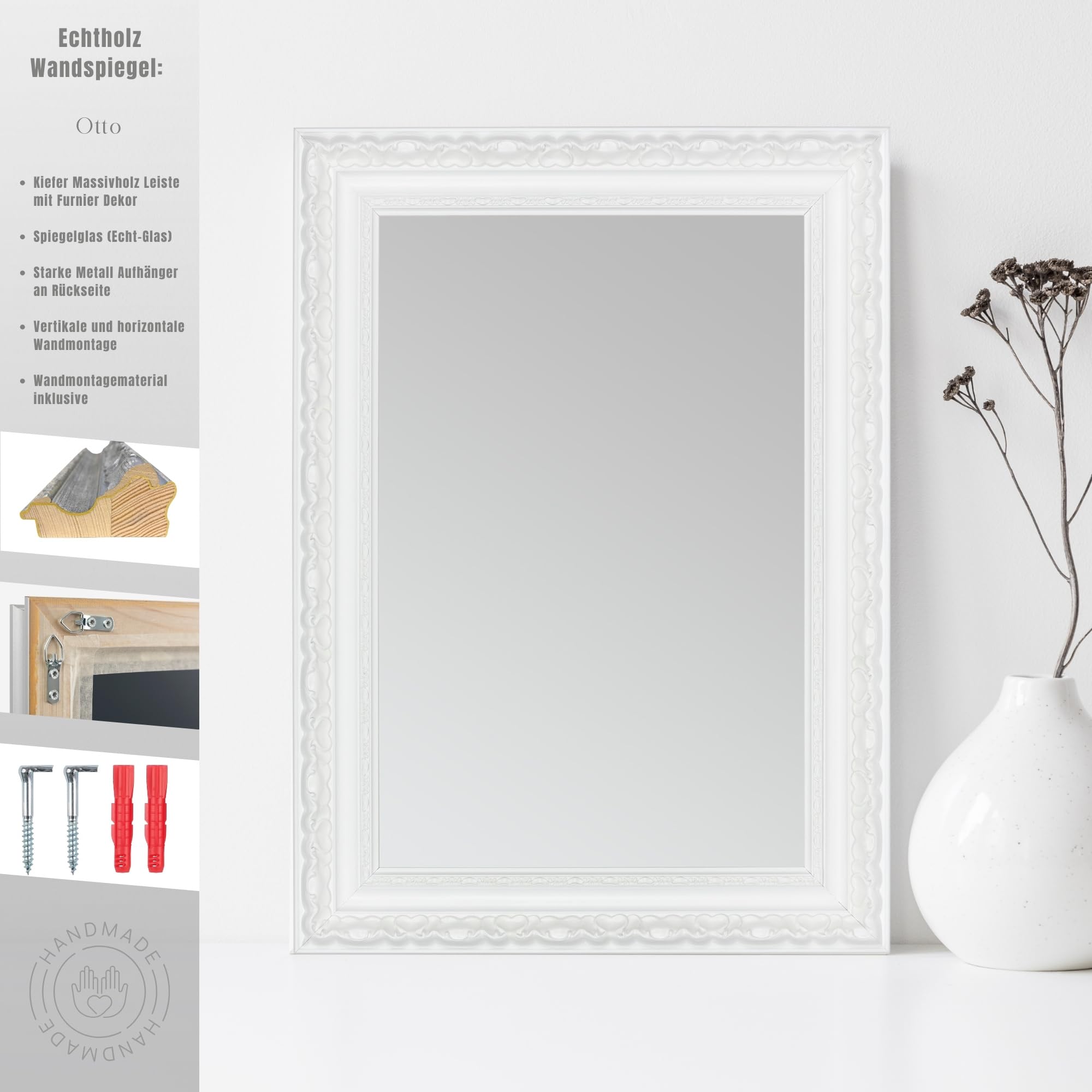 CLAMARO Otto Barock-Wandspiegel Fichte Massivholz, 85 x 120 cm, Weiß Matt | Echtglas Spiegelscheibe, HDF-Rückwand, Metall-Aufhänger, Hoch- und Querformat montierbar, handgefertigt in Deutschland