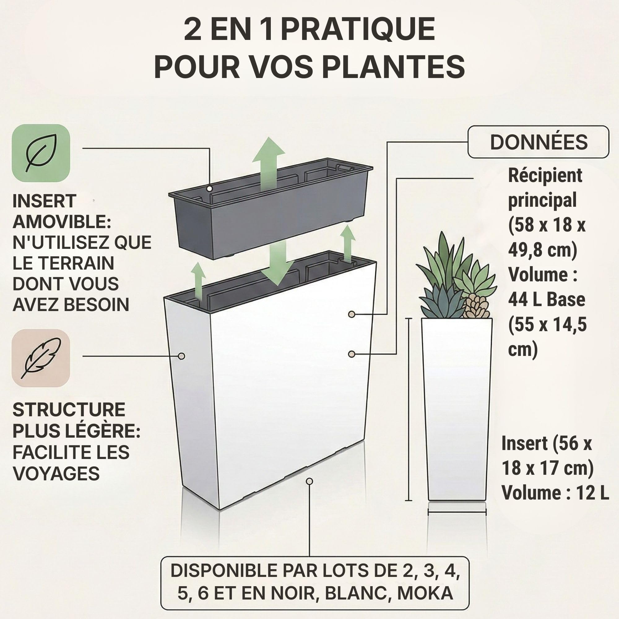 IMJ-Global - 2 Jardiniere Exterieur Grande Taille 58x18x49,8cm, Pot de Fleur 44 litres (Insert de 12 litres) Bac a Fleurs Exterieur Intérieur en Plastique Résistant aux Intempéries (Noir)