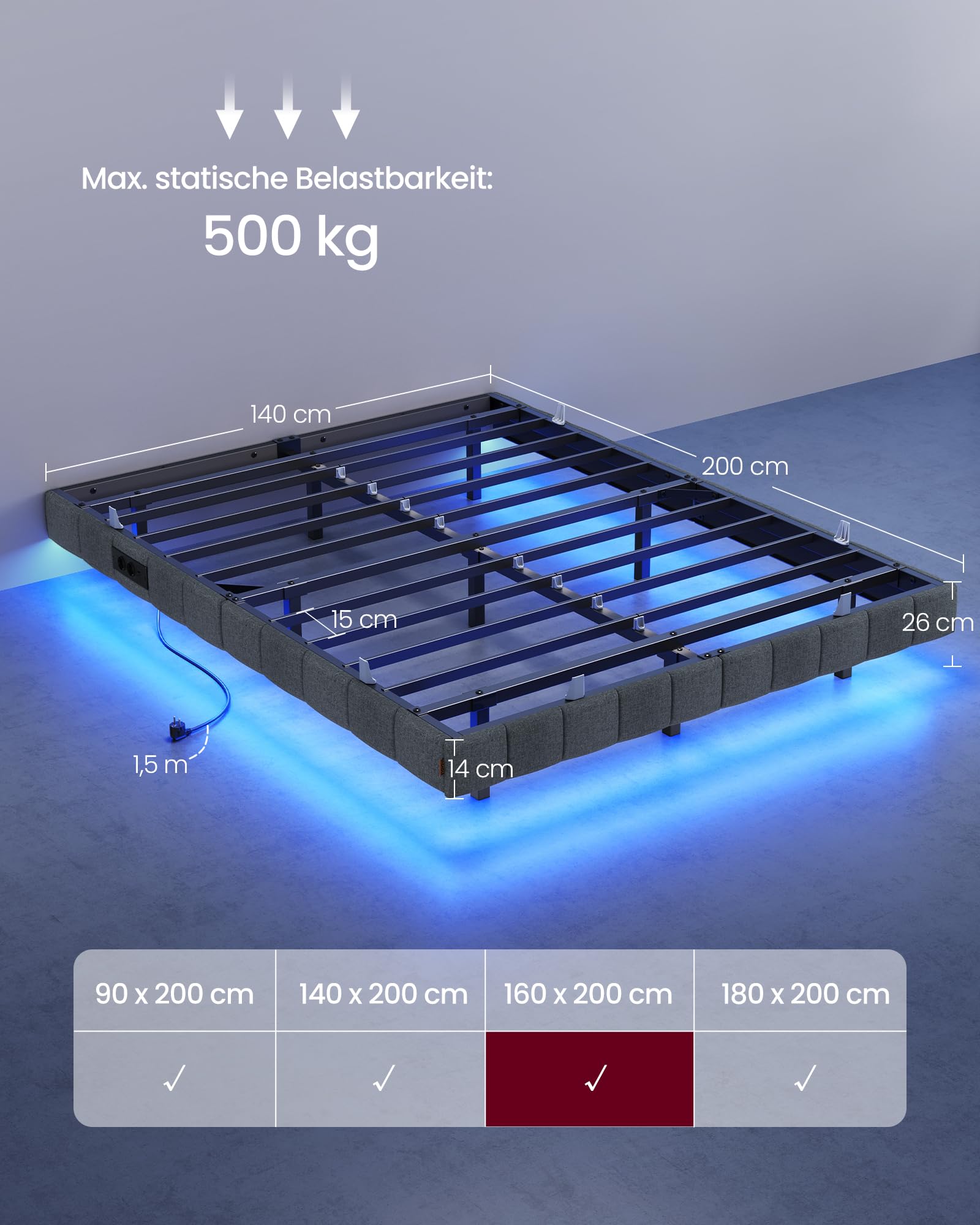 VASAGLE Bettgestell 140 x 200 cm, schwebender Effekt, LED-Beleuchtung, gepolsterte Seitenwände, 2 AC-Steckdosen, 2 USB-A-Anschlüsse, 1 USB-C-Anschluss, bis 500 kg belastbar, schiefergrau RMB164G101