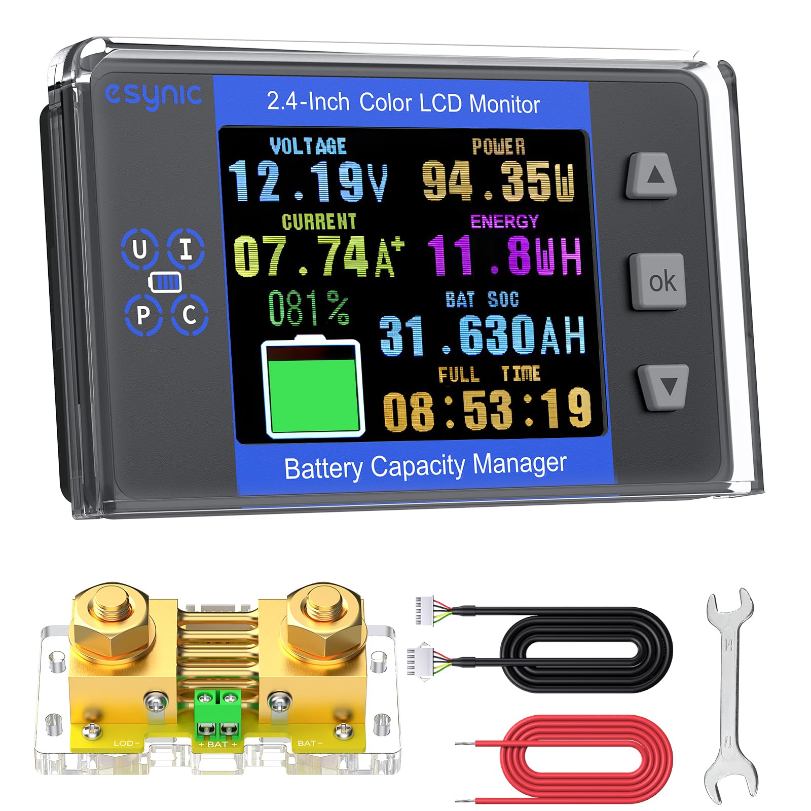 eSynic Monitor de batería profesional con rango de derivación de 10 V-120 V y hasta 500 A-2.4 pulgadas, pantalla LCD de retroiluminación a color para plomo ácido/LiFePO4/alarma de bajo voltaje, solo
