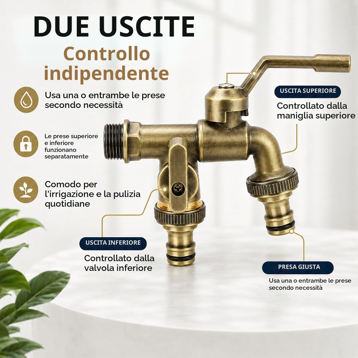 Rubinetto a Doppio Rubinetto All'aperto, Rubinetto del Giardino in Ottone, Gusto D'acqua a Doppia Uscita, Rubinetto Antico Gelo in Ottone, Rubinetto del Tubo Giardino a Parete