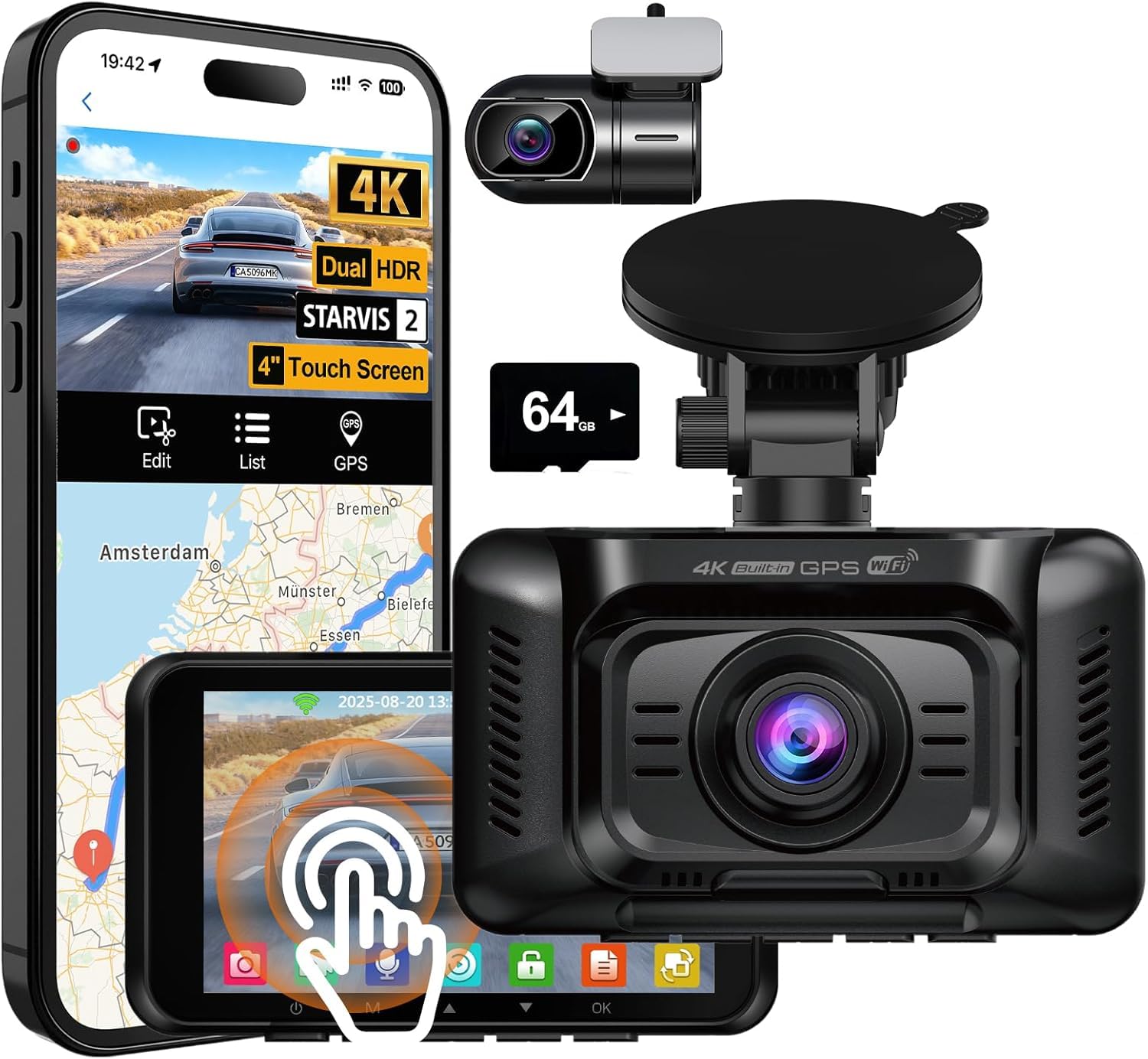HUPEJOS 4K Dashcam Auto Vorne Hinten, Touchscreen 4 Zoll, STARVIS 2, V100