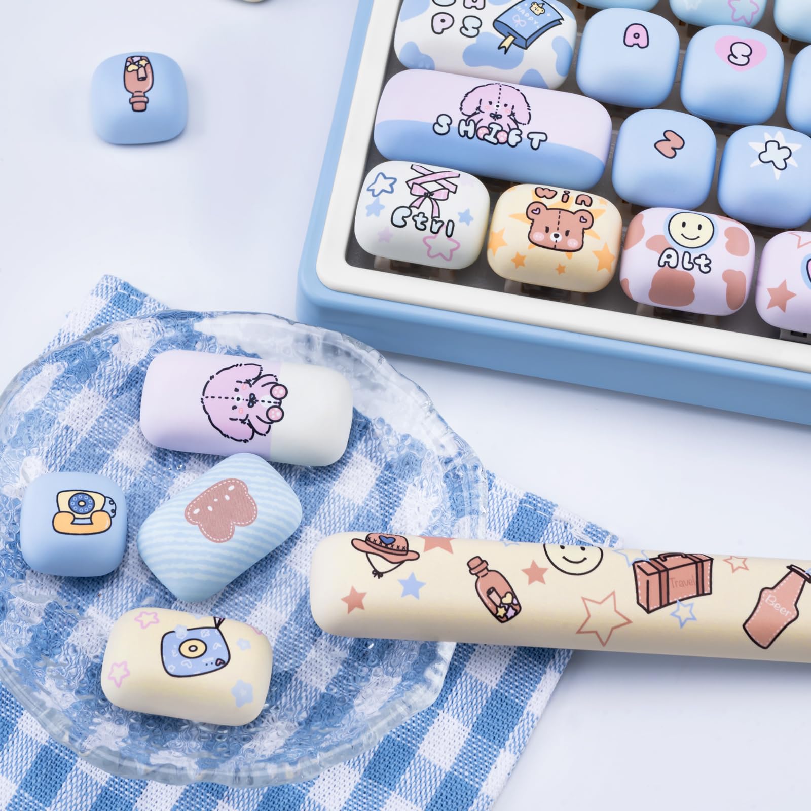 Lot de 136 touches PBT mignonnes par sublimation par sublimation Kawaii, bleu, rose, profil MOG, touches personnalisées pour claviers mécaniques Cherry Gateron MX Swithes