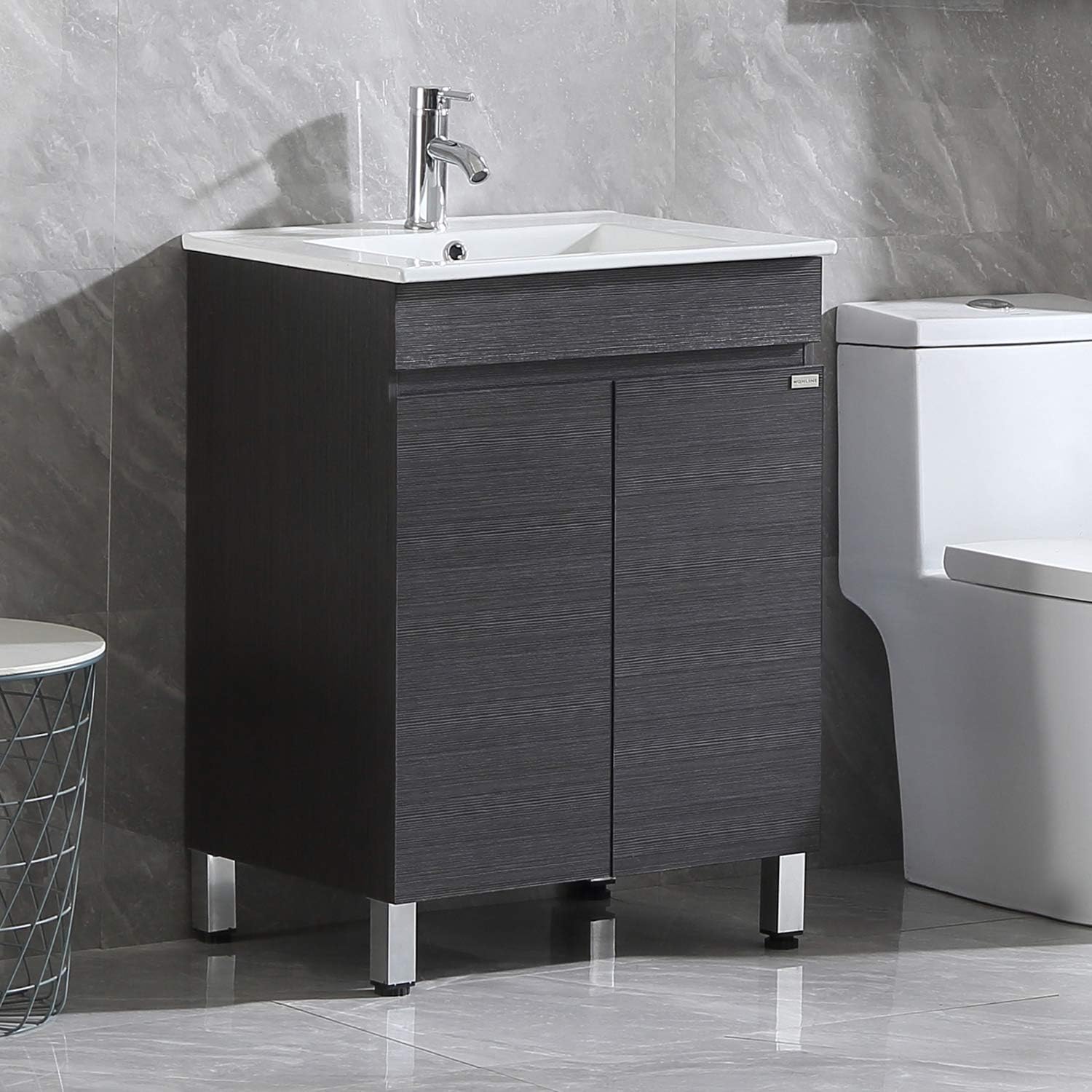 walsport 24 inch Bathroom Vanity with Sink & Countertop & Faucet Combo Small Single Sink Cabinet with 2 Soft Closing Doors & Storage Shelf Modern, Grey
