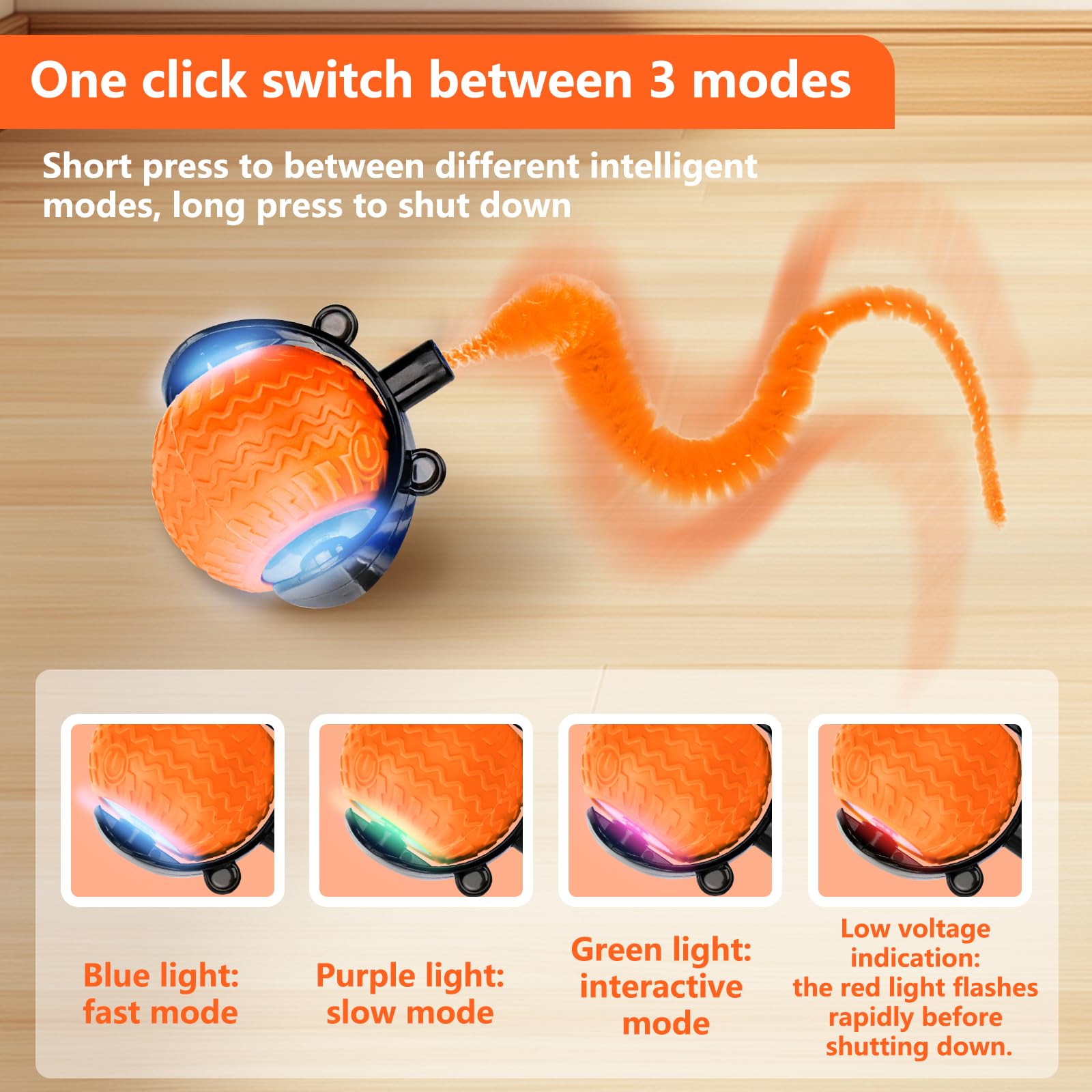 wokdsbl Speedy Tail 2.0 Smart Ball, Interactive Electric Cat Toy with Tail, USB Rechargeable, 3 Play Modes (Fast, Slow - Image 4