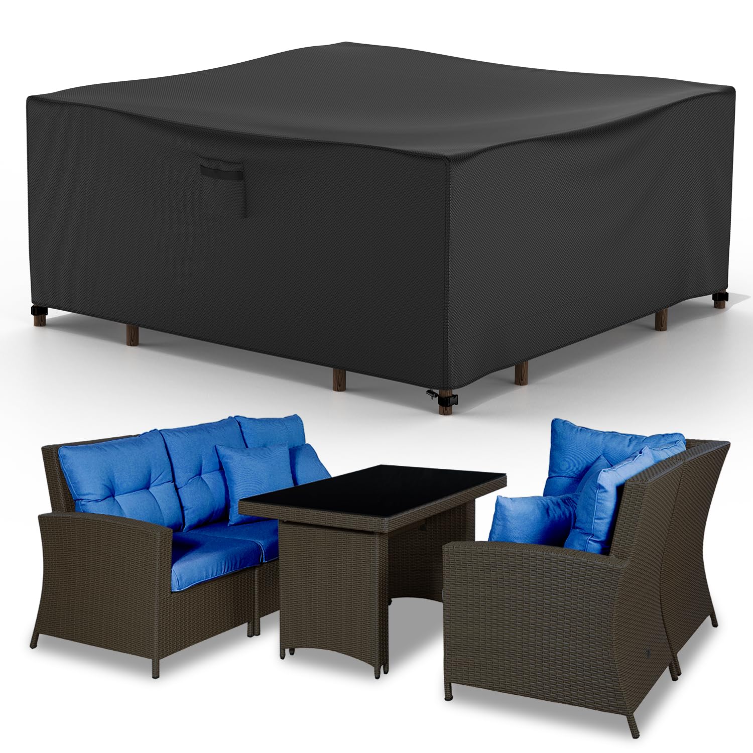 Farfy Copri Copertura Mobili da Giardino Impermeabile 150x150x75cm, Copertura Tavolo Esterno in Tessuto Oxford 600D, con Ventilazione, Cinghie in Fibbia Antivento, Anti-UV, A Prova di Strappo