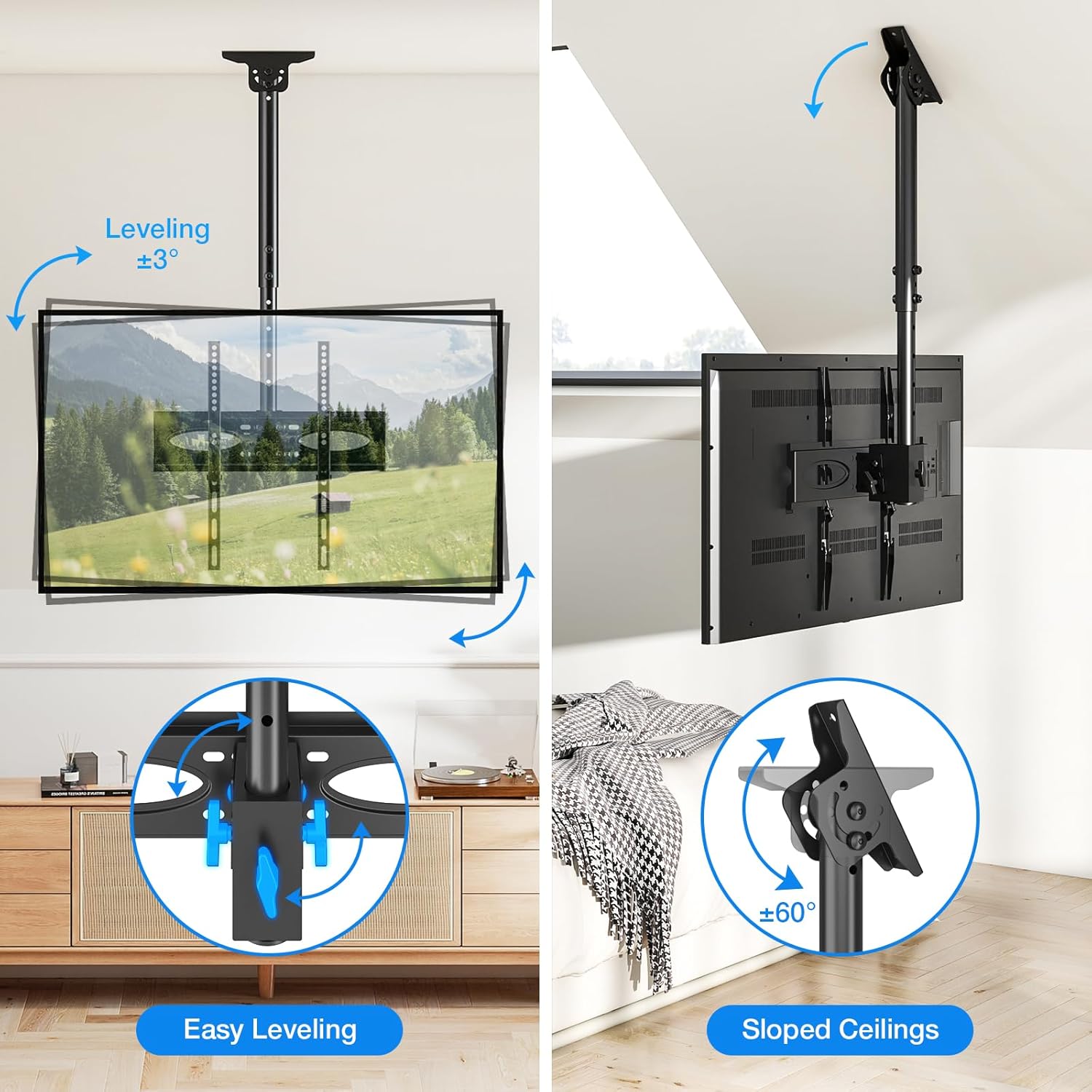 Ceiling TV Mount for 32-65 Inch Flat or Curved TVs, Full Motion Adjustable TV Bracket with 360°Swivel, Max VESA 400x400mm, Tilt Hanging TV Mount Holds up to 110 Lbs，Fits LCD LED OLED 4K Plasma TVs