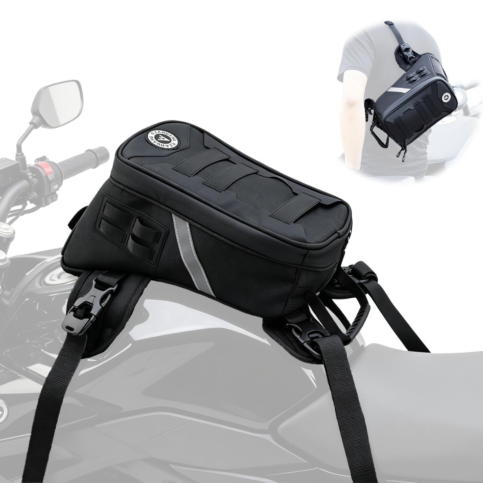 Zaino da serbatoio per moto, 5 l, multifunzione, con cinghie regolabili, borsa per serbatoio con parapioggia, sistema MOLLE e strisce riflettenti, borsa a tracolla, borsa sul petto, nero