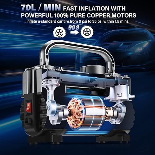 Vista 3 de GSPSCN Inflador de neumáticos de doble cilindro resistente, compresor de aire portátil de metal DC 12V - Accesorios para automóvil, bomba de Titanio