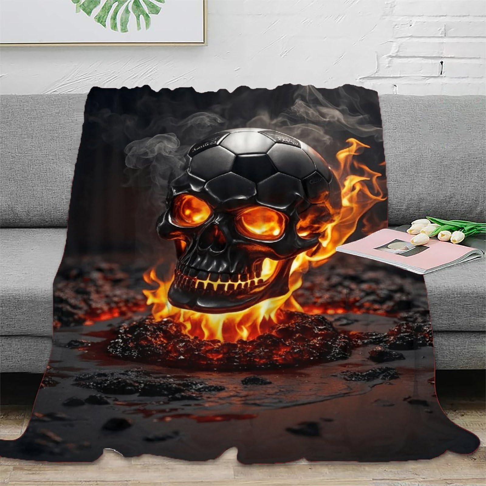 Emyxpaqm Style-1 Fleece Throw Blanket Skull Pattern For Couch, Sofa, Bed, Fluffy, Soccer Skull Flames Blankets, Soft & Warm, For Her Or Him, 50X60inch(127X152cm)