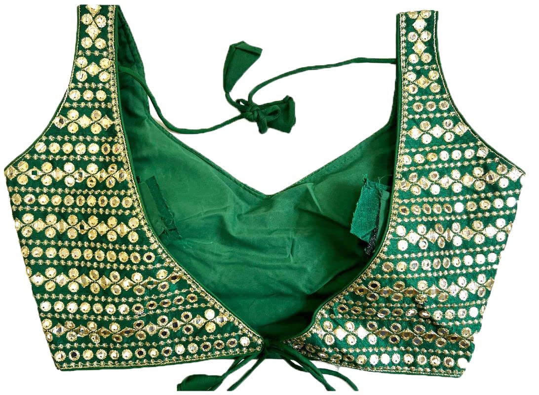 Pujia Mills Womens Readymade Sweetheart Neck Sleeveless Mirror Saree Blouse.(Paper Foil Dark Green_38)