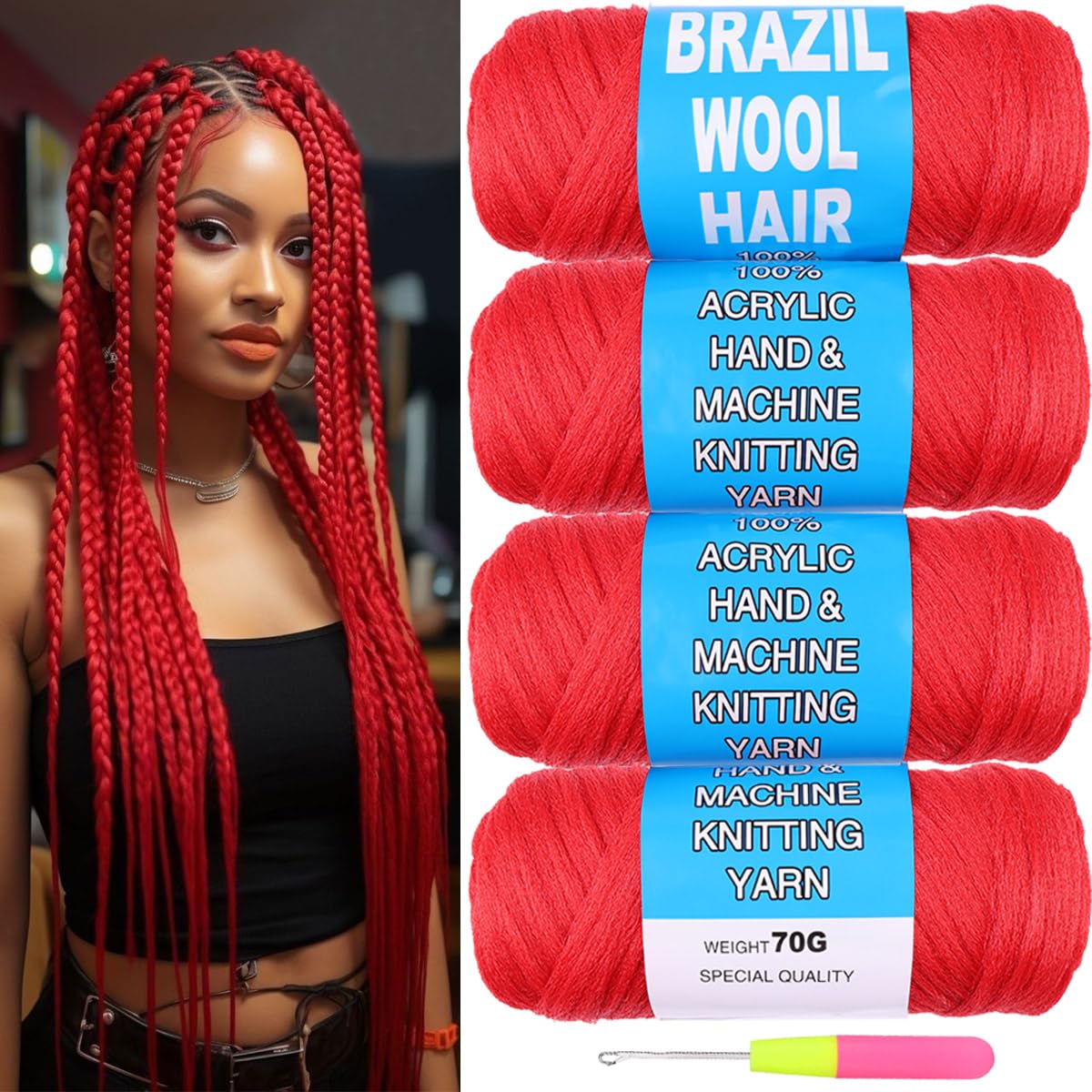 Amazon.com : COOKOO 4 Rollr Red Brazilian Wool Hair Acrylic Yarn