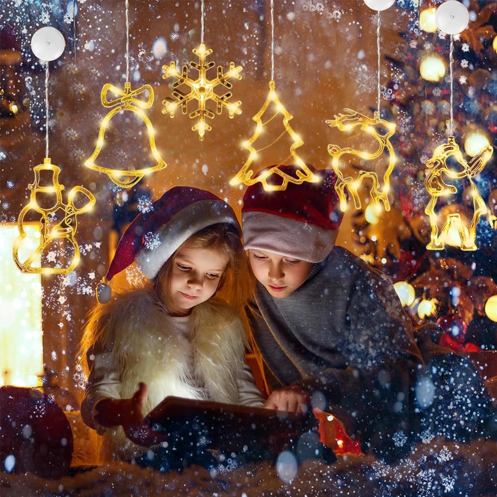 Anyingkai 6 Szt. Przyssawek LED na Boże Narodzenie, Dekoracja Okienna, Przyssawka, Dekoracja LED (Ciepła Biel)