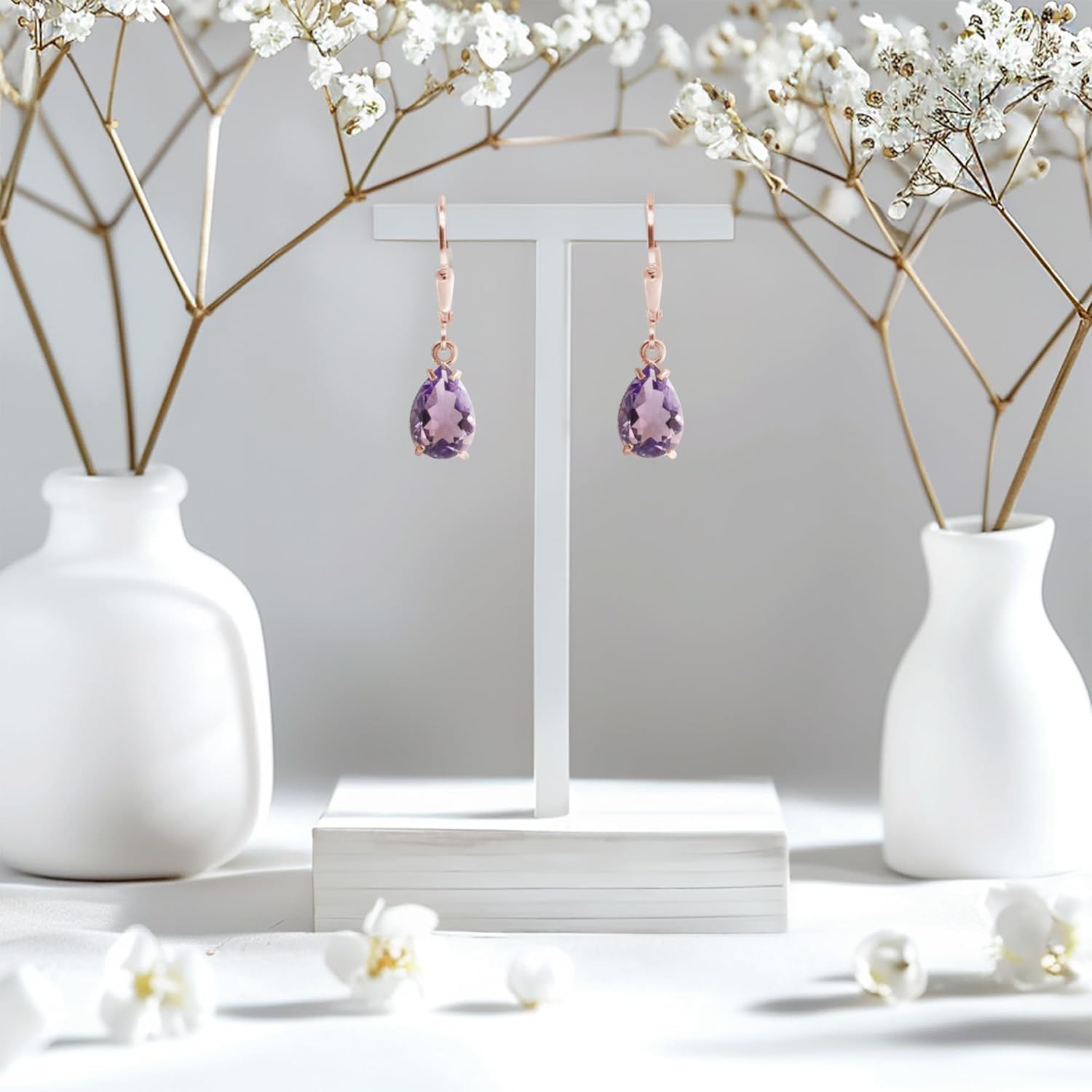 14K Rose Gold Plated Gemstone Leverback Earrings - Drop Earrings for Women - Birthstone, Handmade 7x10 mm Teardrop Gemstone Vintage Jewelry - Trendy and Classic Elegant Gift for Women