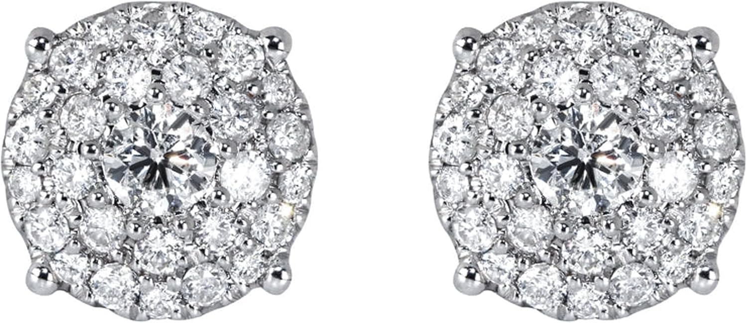 White Gold Plated 925 Sterling Silver Mens Large Round Flower Cluster Hypoallergenic CZ Stone Screw On Back Hip Hop Ice Out Stud Big Circle Shape Earrings