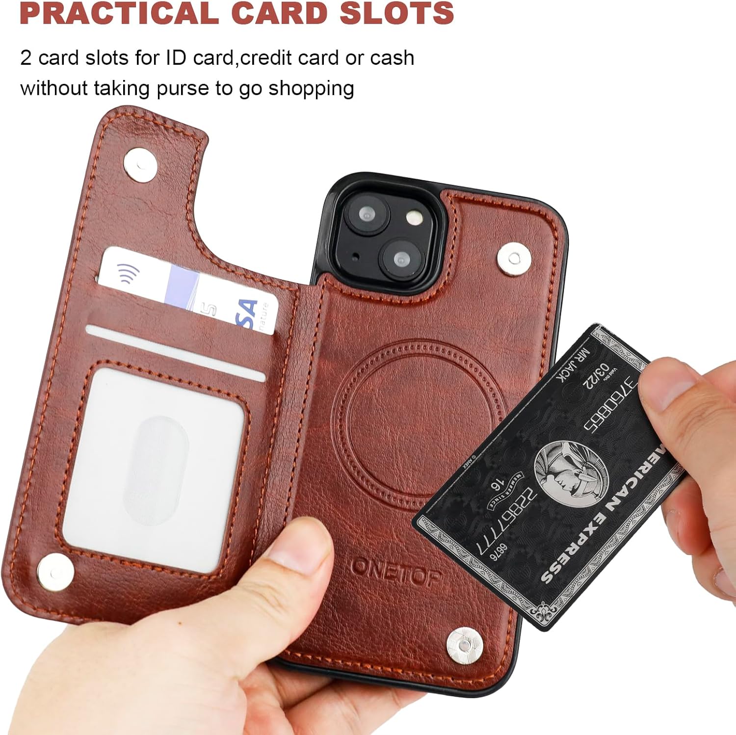 ONETOP Compatible with Magsafe for iPhone 13 Wallet Case with Card Holder, PU Leather Kickstand RFID Blocking Case, Double Magnetic Clasp and Durable Shockproof Cover 6.1 Inch (Brown) - Image 4