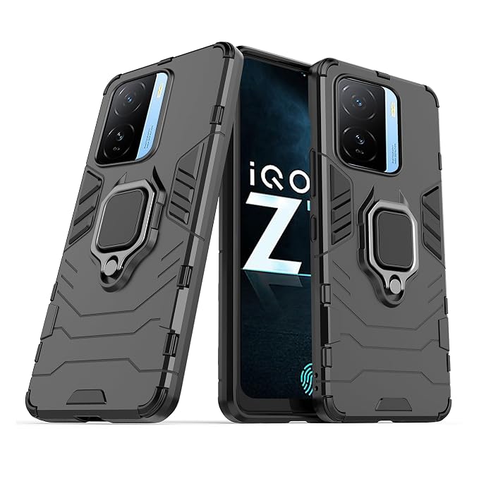 CEDO Kickstand Cover for iQOO Z7 / iQOO Z7s (5G) Rugged Case | Built-in Stand Rotating Ring Holder | Military Grade Armor Bumper Back Cover (Black)