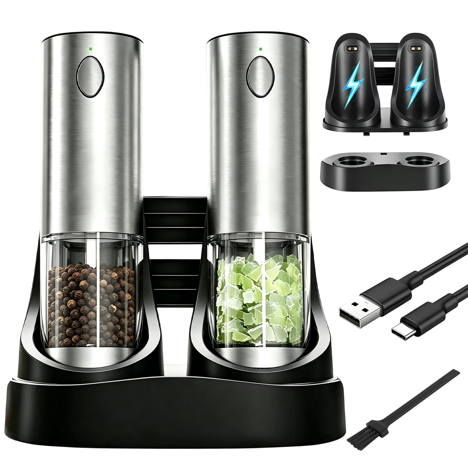Macinasale e Pepe Elettrico Set – Macinino in Ceramica, Macinatura Regolabile, Luce LED, Ricaricabile USB-C, 2-in-1 Macina Spezie per Cucina & Tavola