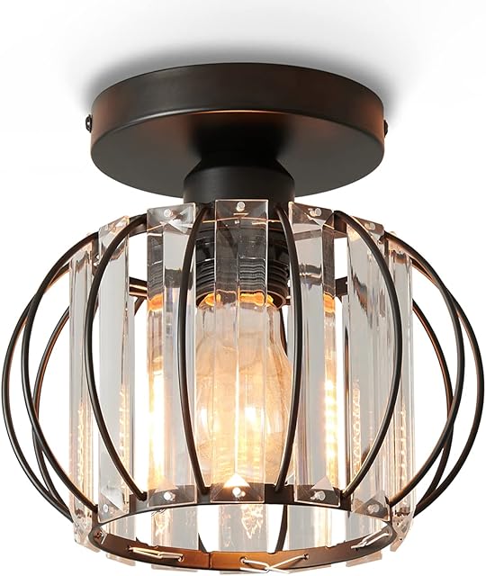 ENCOFT Modern Crystal Ceiling Light Black Vintage Mini Semi Flush Mount Ceiling Lighting Chandeliers E27 for Kitchen Hallway Dining Rooms Living Room(L)