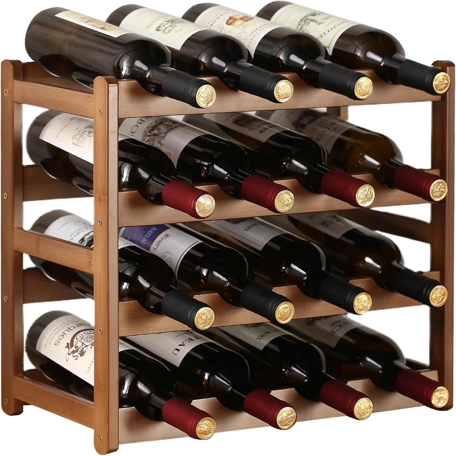 Wine Rack Storage,Bamboo Wine Racks Cabinet Shelf,4-Tier 16 Bottles Freestanding Wine Bottle Holder for Basement,Kitchen,Countertop