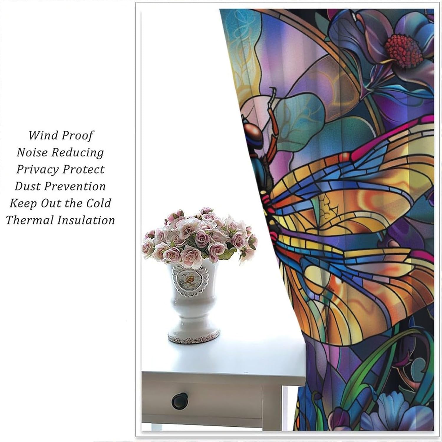 Colorful Abstract Dragonfly Blackout Curtains for Bedroom Living Room, Fantasy Stained Glass Insect Floral Curtains Rod Pocket Thermal Insulated Window Drapes, 2 Panels/Each 21" W x 63" L