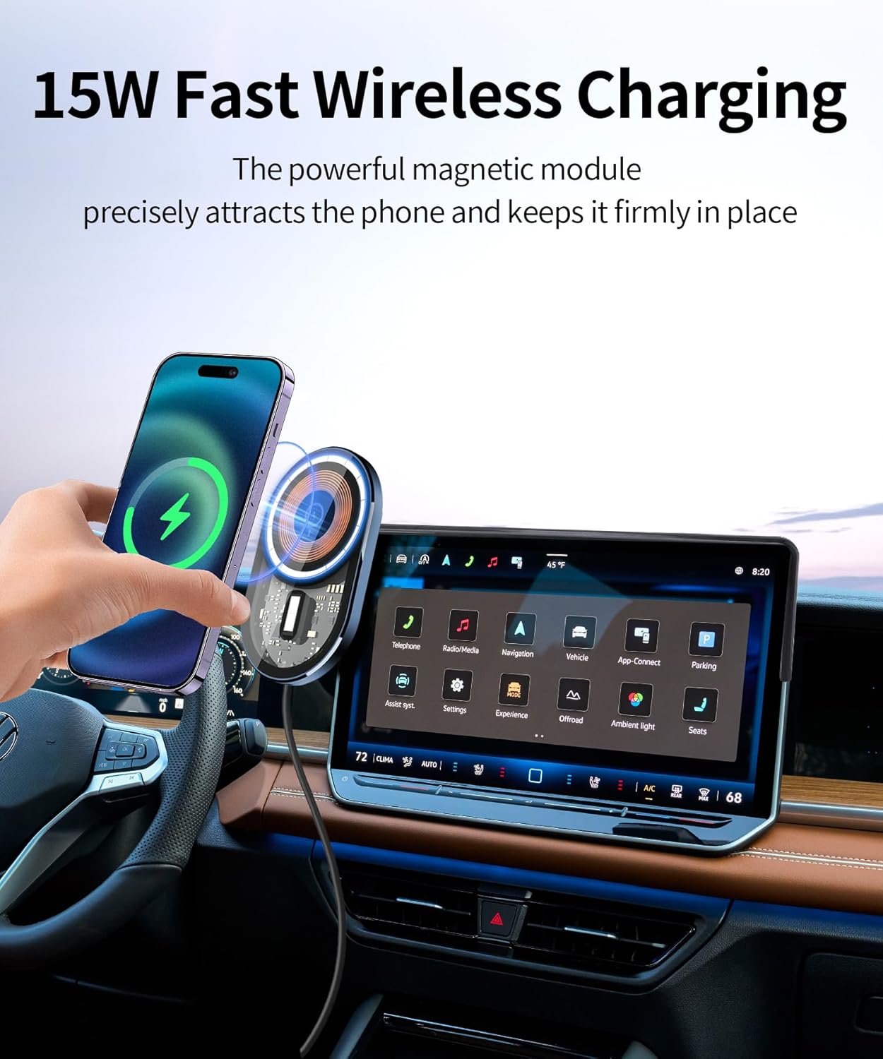 Wireless Charging car Phone Holder for Volkswagen Tiguan 2025-2026 Accessories 15-inch Screen Fixed Clip,360° Rotation car Phone Mount Compatible with MagSafe