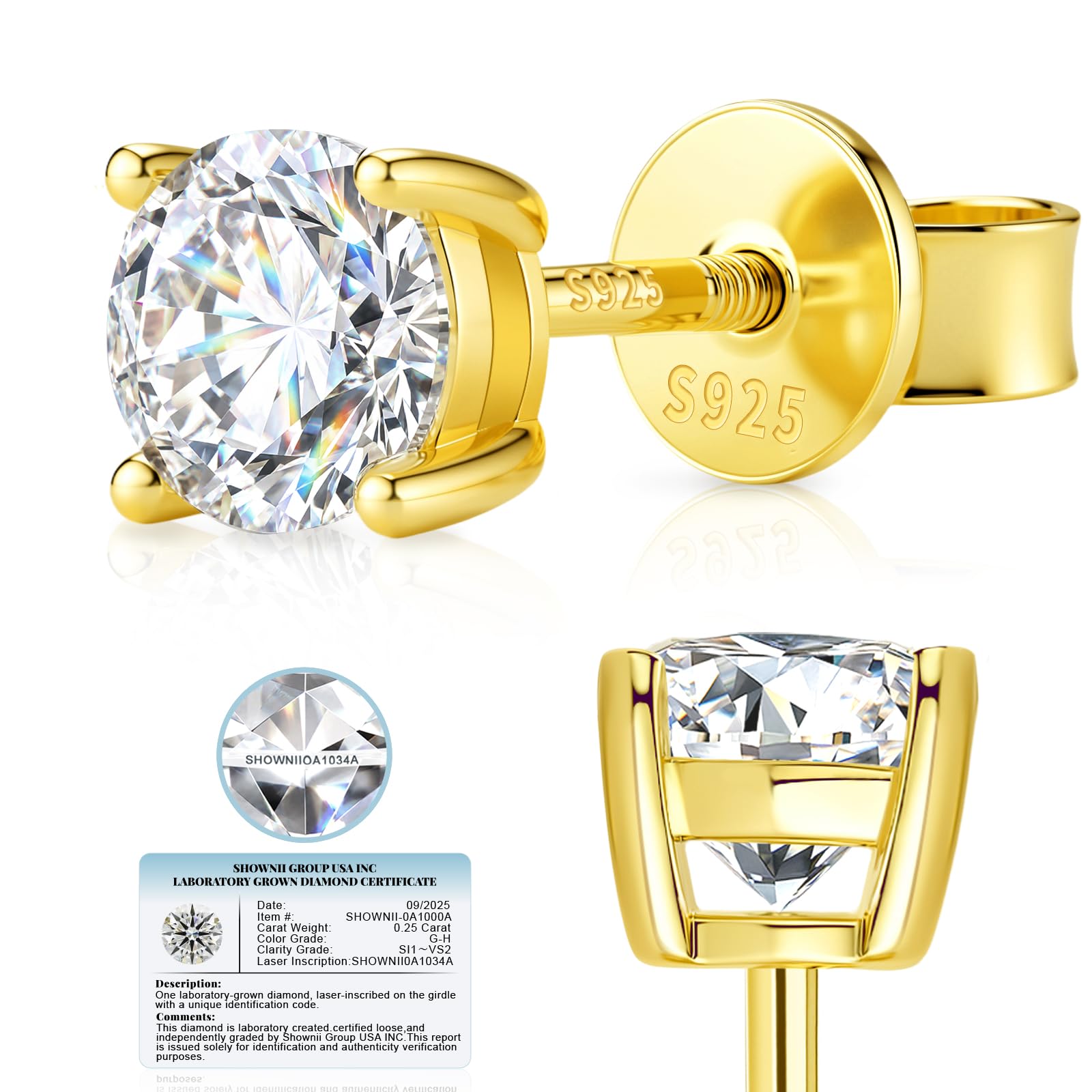 SHOWNII LAB GROWN Diamond Stud Earrings for Women Men 0.5CT 1CT Screw Back