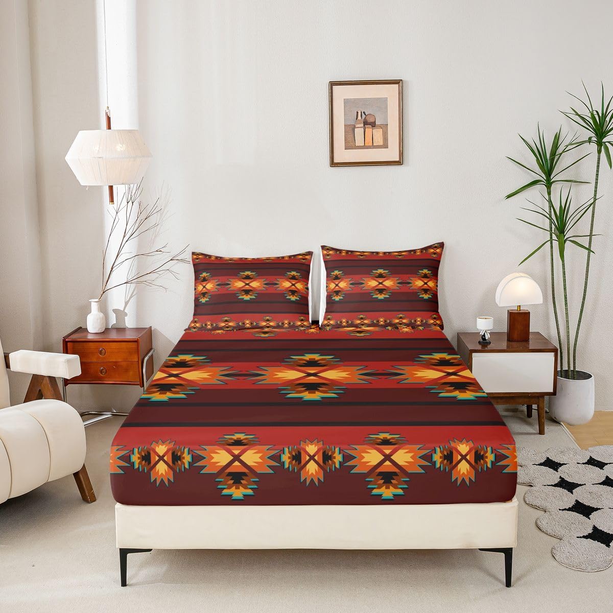 jejeloiu Southwestern Fitted Sheet Queen Size Geometric Bed Sheet Set for Boys Teens Decor Tribal Bedding Set Native American Design Red Yellow Bed Cover Deep Pocket 3Pcs