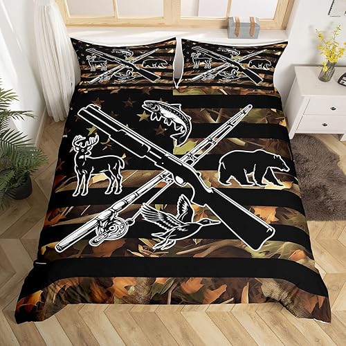 Erosebridal Juego de ropa de cama de caza y pesca para niños y hombres, funda de edredón con bandera estadounidense de camuflaje, tamaño individual,